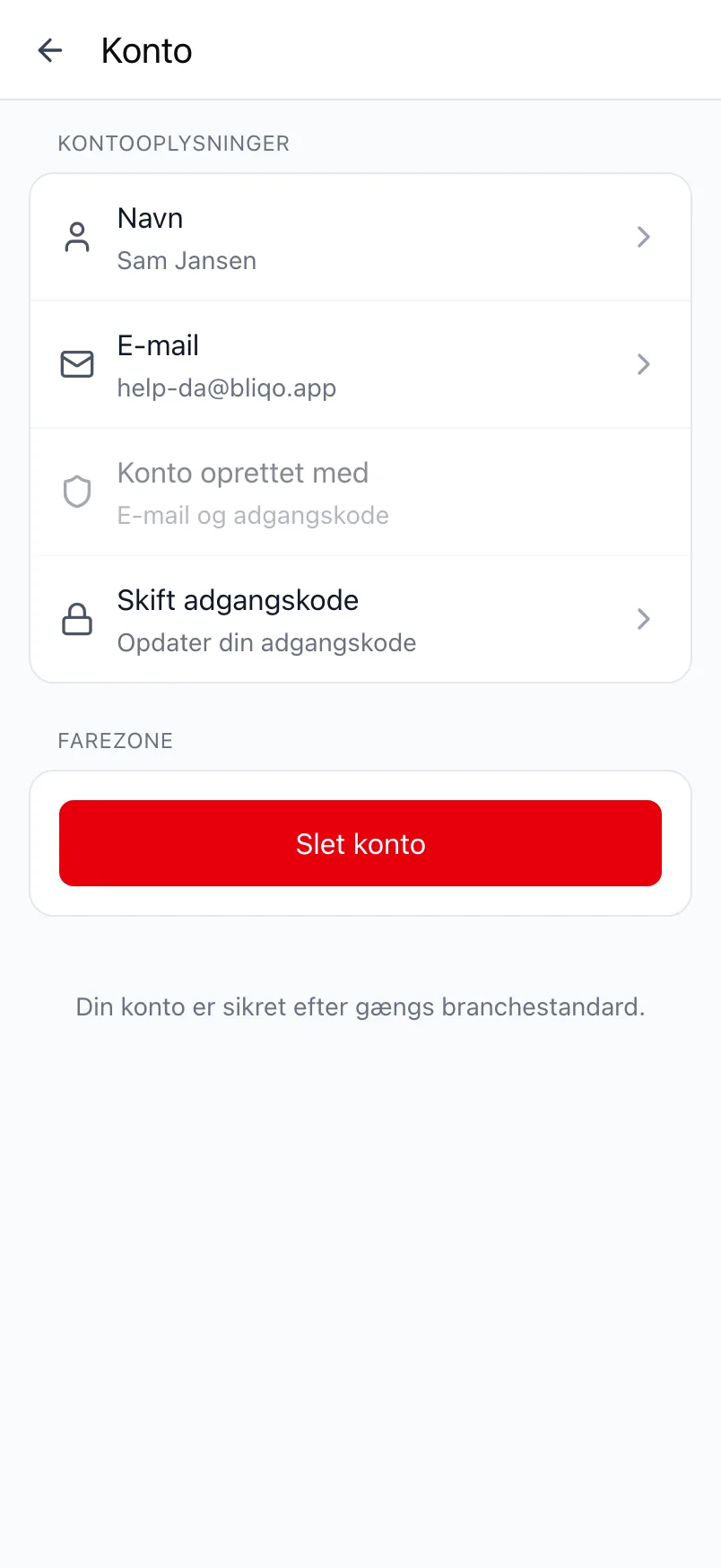 Skærmen Konto i Loggr med kontooplysningerne og Farezone