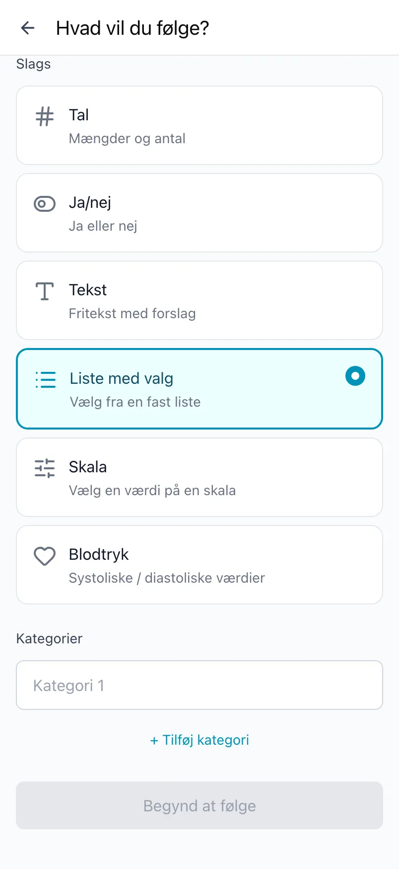 Hvad vil du følge? med Liste med valg valgt og en liste med kategorier