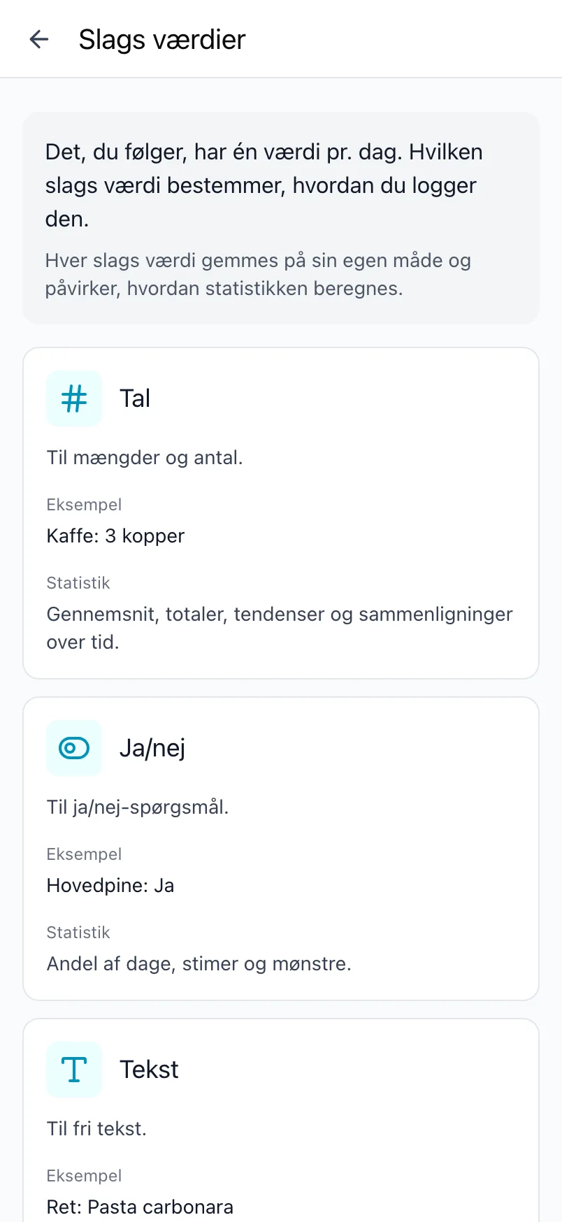 Skærmen Slags værdier i Loggr, som forklarer hver slags