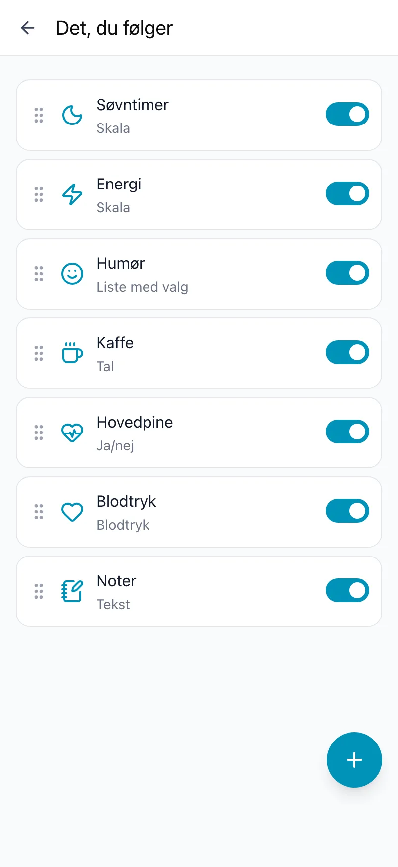 Det, du følger, i Loggr med syv emner, deres kontakter og knappen +