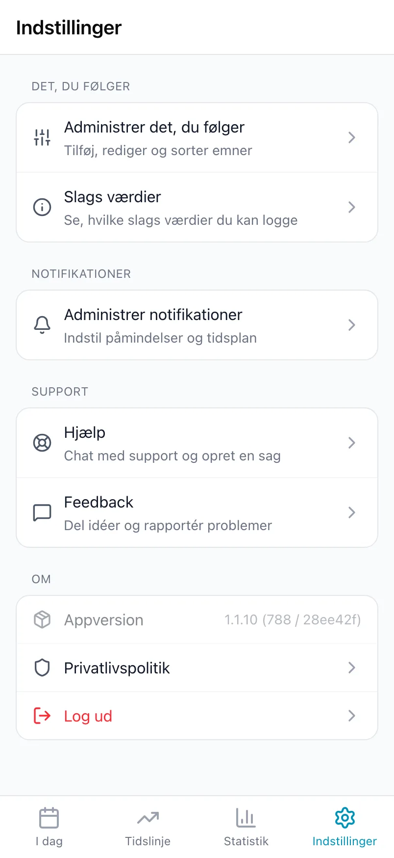 Den nederste del af Indstillinger med Det, du følger, Notifikationer, Support og Om
