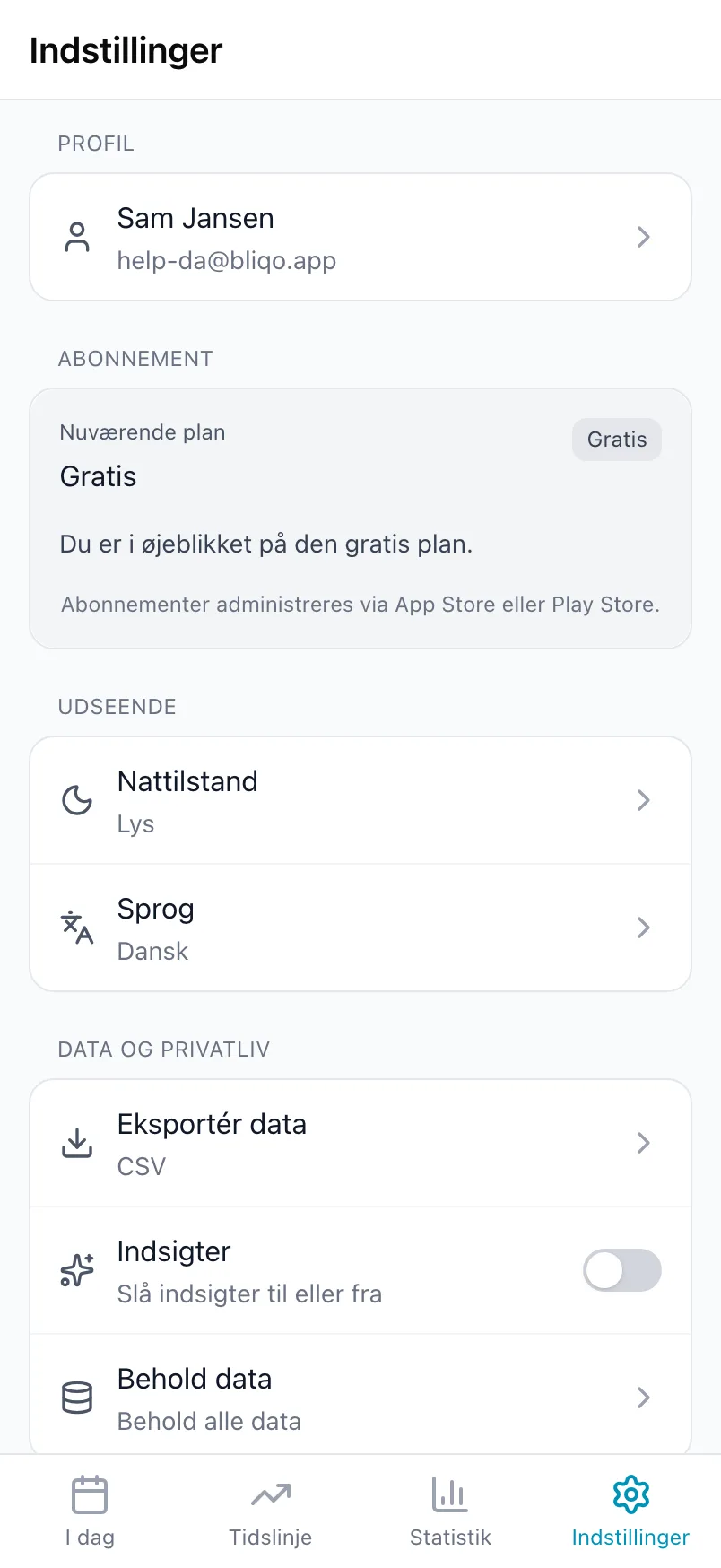 Fanen Indstillinger i Loggr med Profil, Abonnement, Udseende og Data og privatliv
