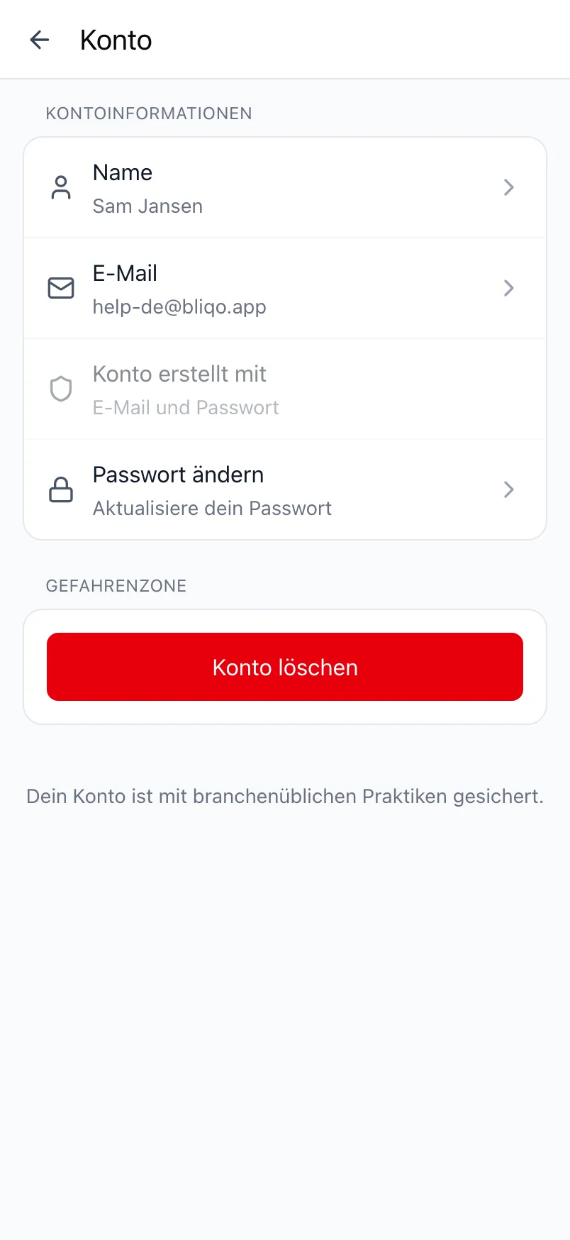 Der Bildschirm Konto in Loggr mit den Kontoinformationen und der Gefahrenzone