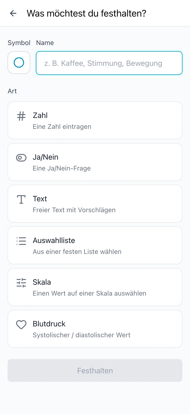 Der Bildschirm Was möchtest du festhalten? mit dem Symbol, dem Namen und den Arten