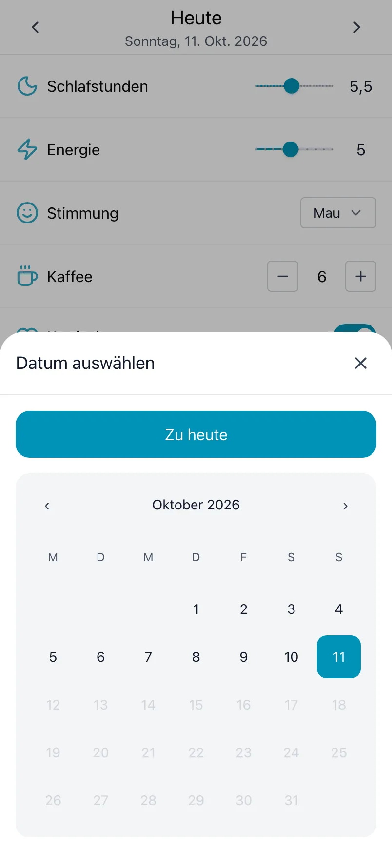 Datum auswählen, mit einem Kalender des Monats und Zu heute