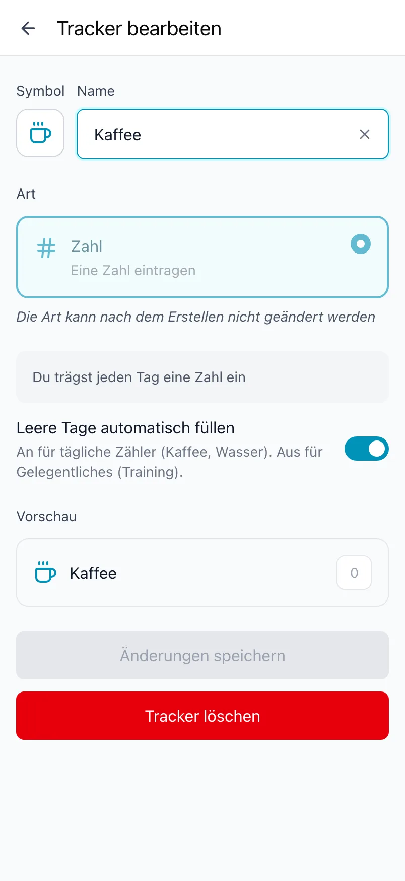 Tracker bearbeiten für Kaffee, mit gesperrter Art und dem Schalter Leere Tage automatisch füllen