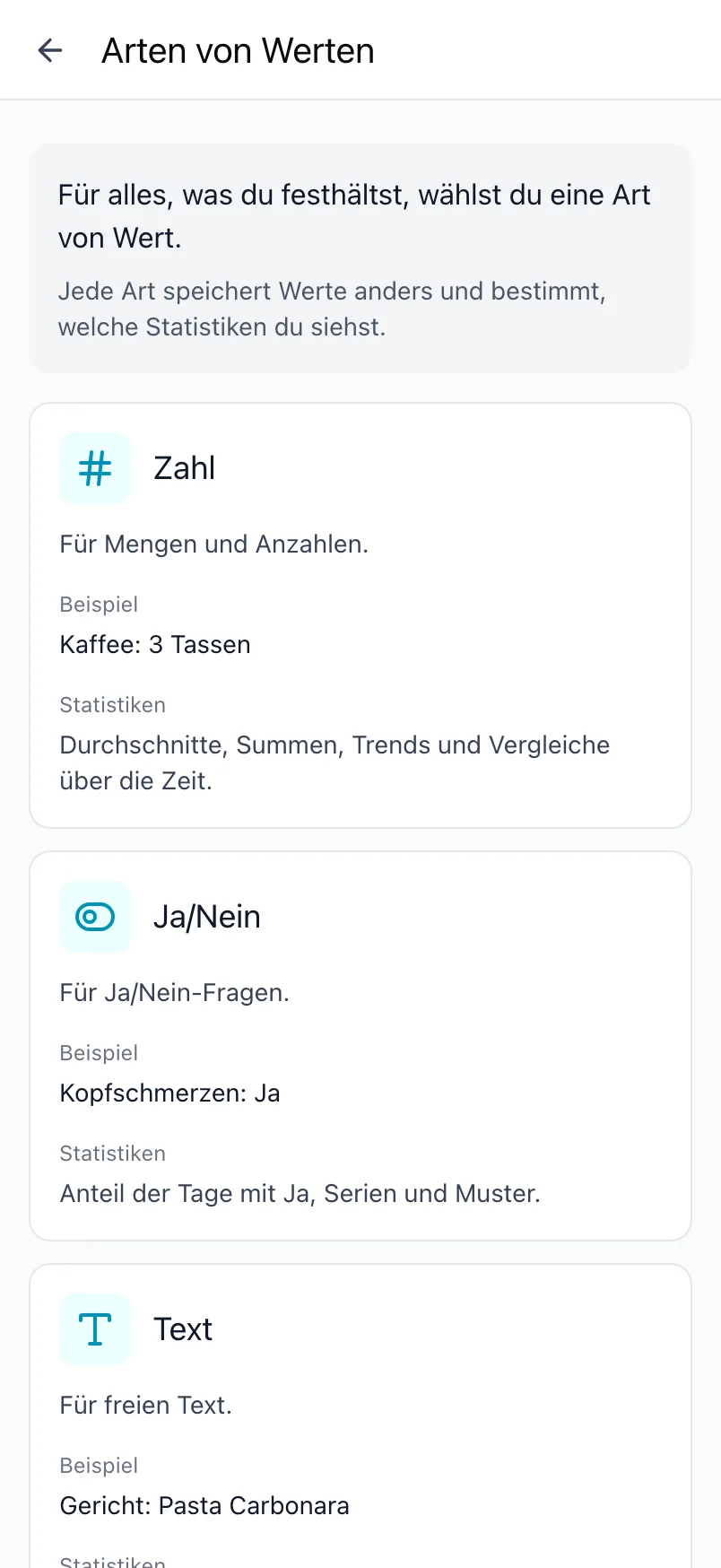 Der Bildschirm Arten von Werten in Loggr, der jede Art erklärt
