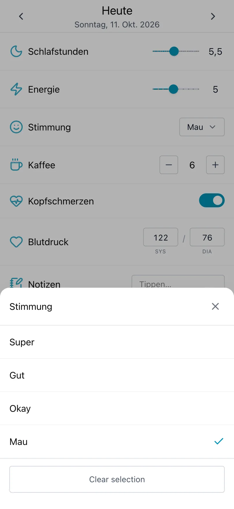 Die Liste der Stimmungen, geöffnet bei Stimmung, mit der heutigen Auswahl abgehakt