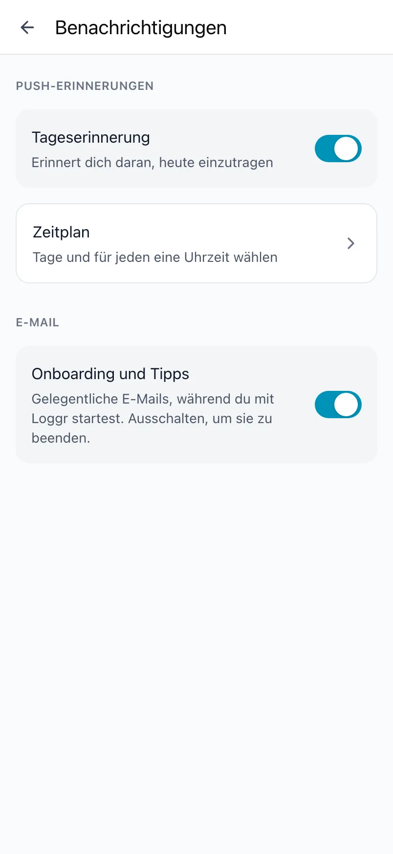 Der Bildschirm Benachrichtigungen in Loggr mit Tageserinnerung, dem Zeitplan und der E-Mail-Einstellung