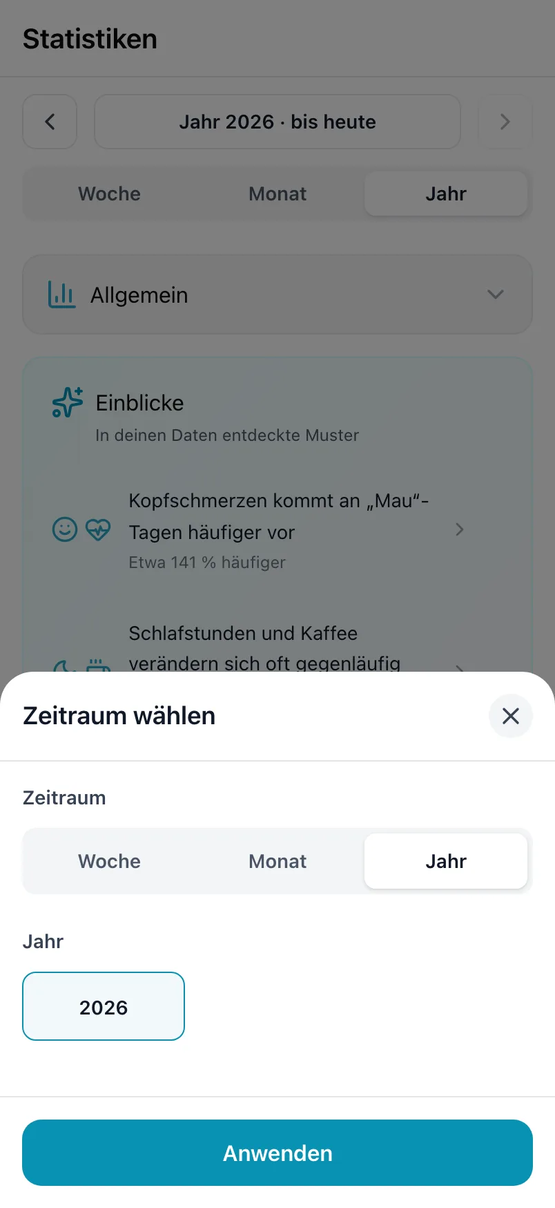 Zeitraum wählen, mit dem Zeitraum und dem Jahr