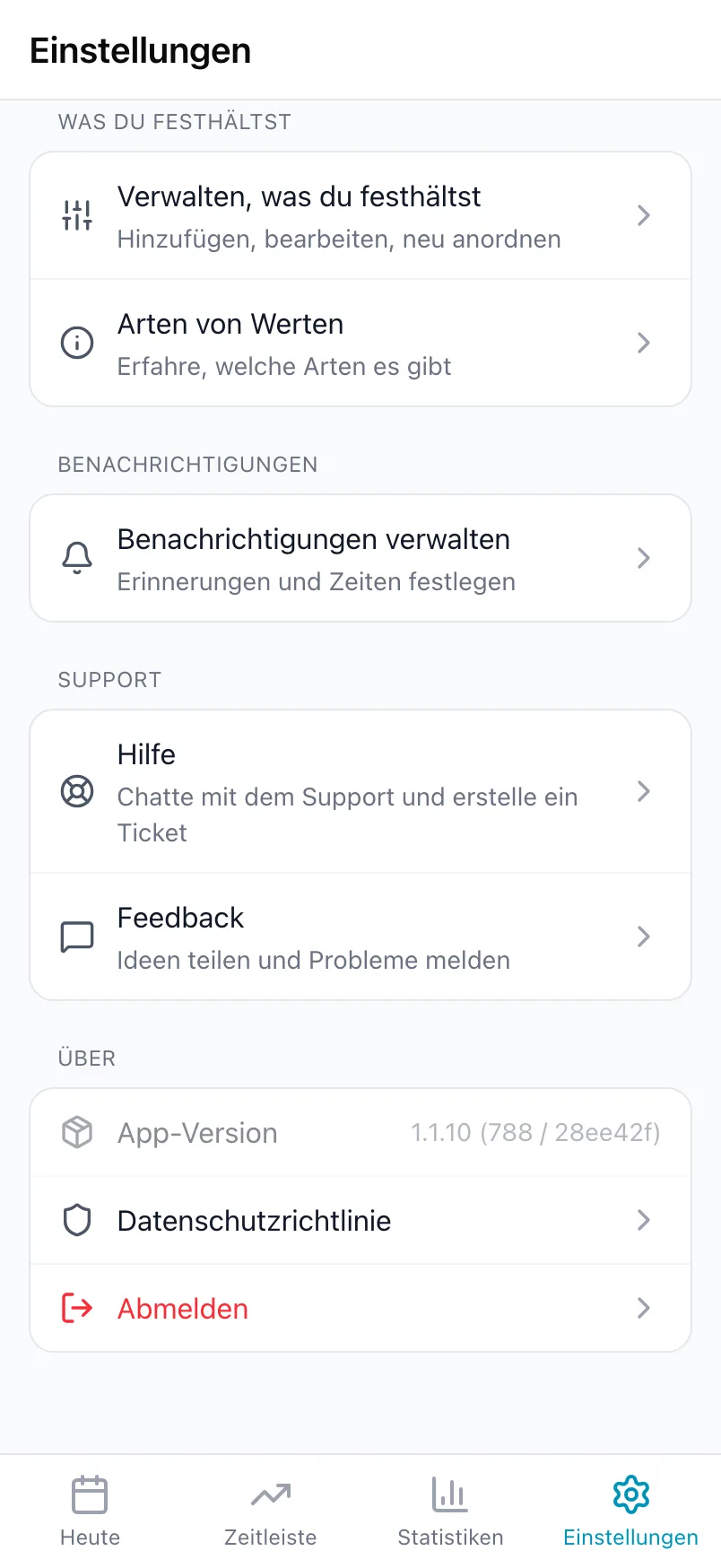 Der untere Teil der Einstellungen mit Was du festhältst, Benachrichtigungen, Support und Über