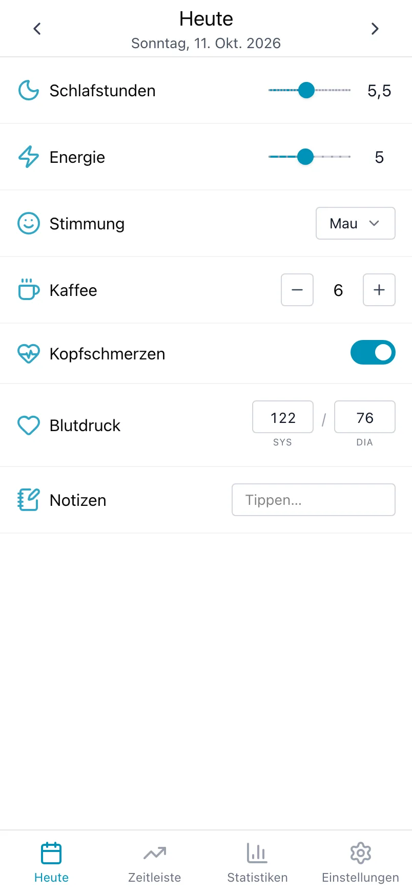 Der Bildschirm Heute in Loggr mit allen Werten eingetragen außer den Notizen