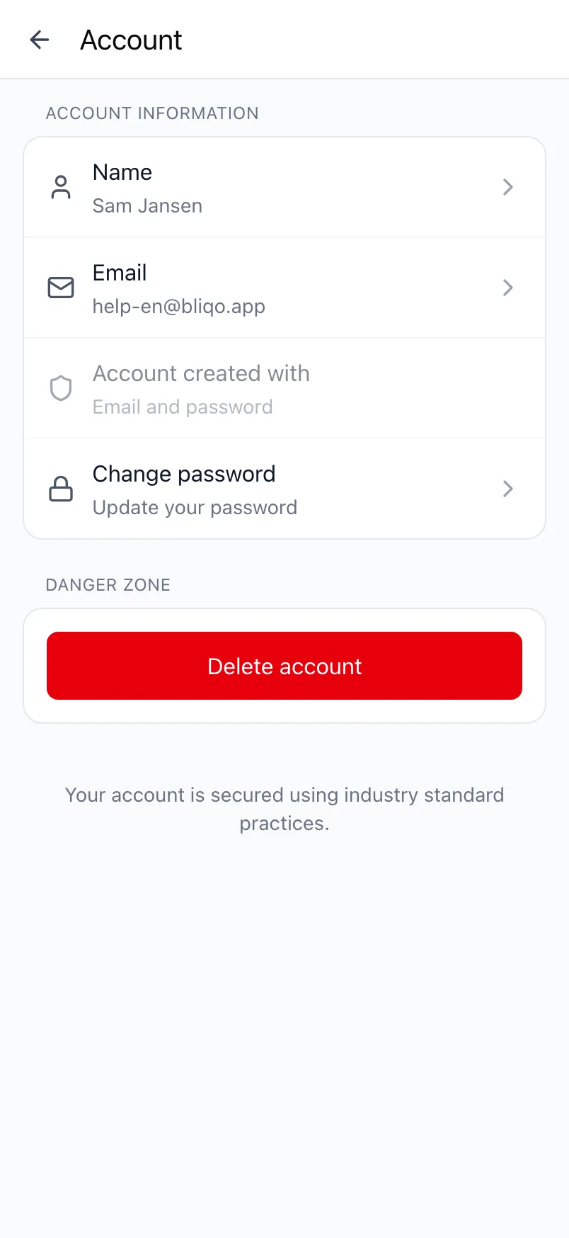 The Account screen in Loggr with the account information and the Danger zone