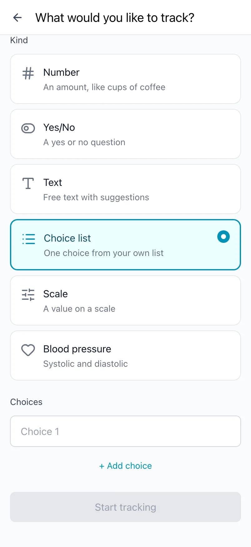 What would you like to track?, with the Choice list kind chosen and a list of choices