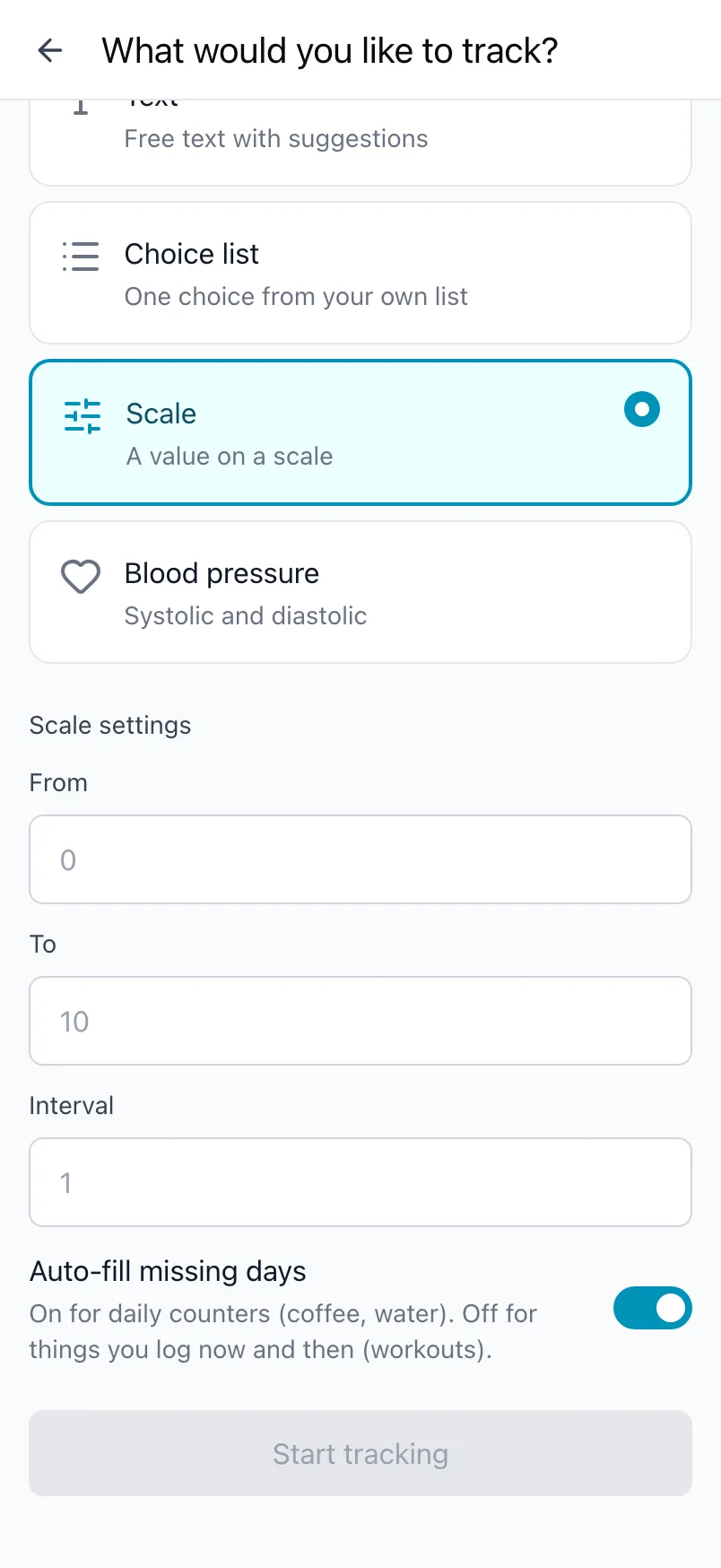 What would you like to track?, with the Scale kind chosen and the From, To and Interval settings