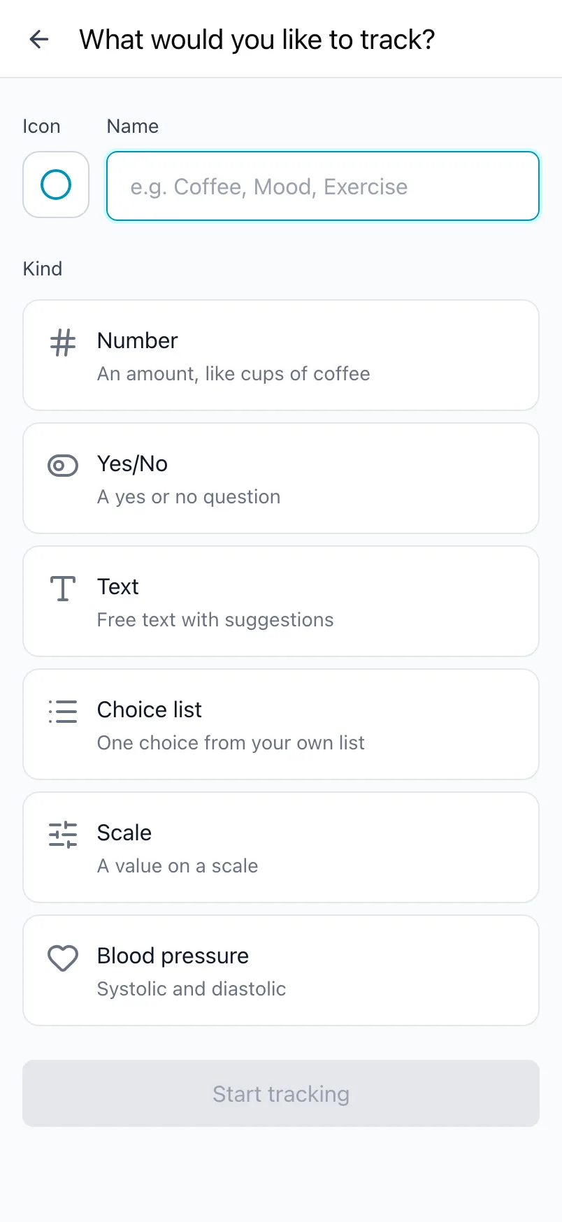What would you like to track?, with the icon, the name and the six kinds