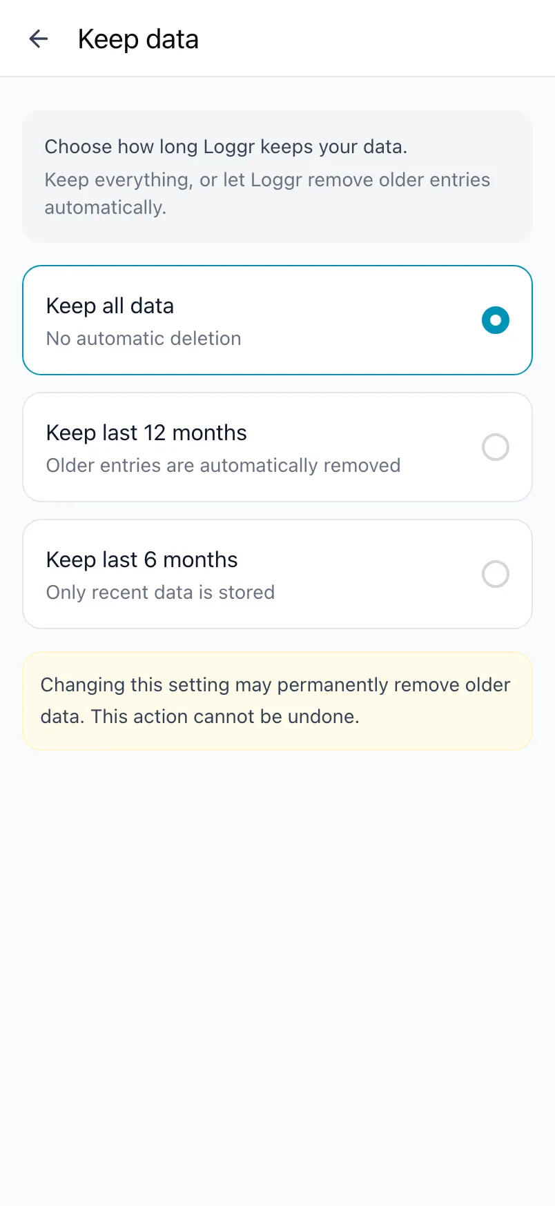 Keep data, with Keep all data, Keep last 12 months and Keep last 6 months