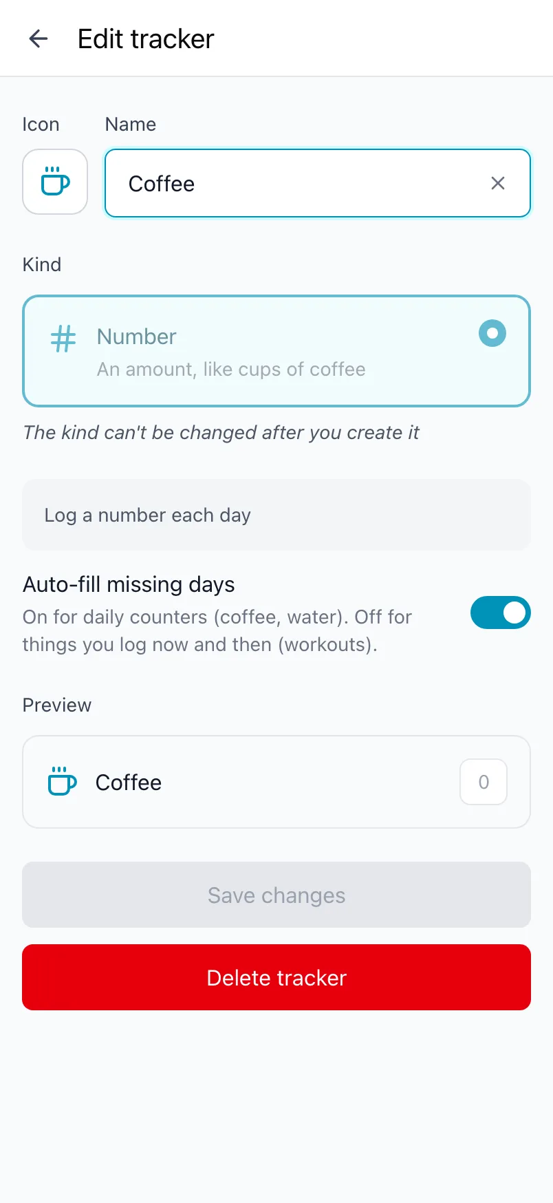 Edit tracker for Coffee, with the kind locked and the Auto-fill missing days switch