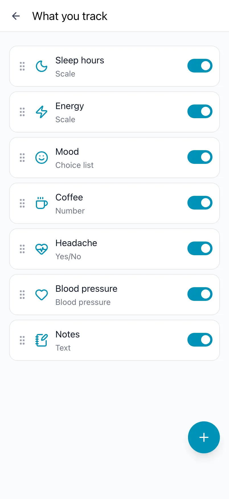 What you track in Loggr, with seven trackers, their switches and the + button
