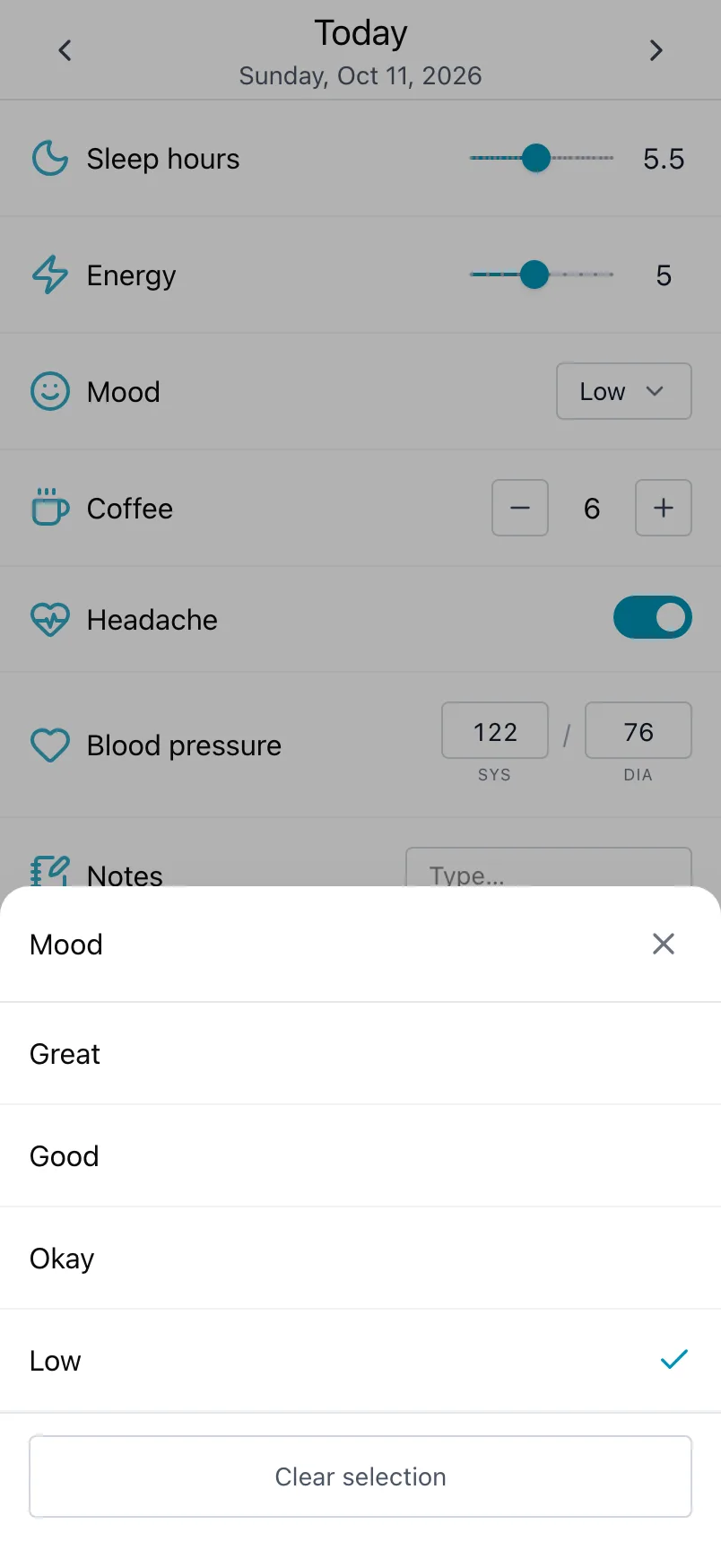 The list of moods opened from Mood, with today's choice ticked