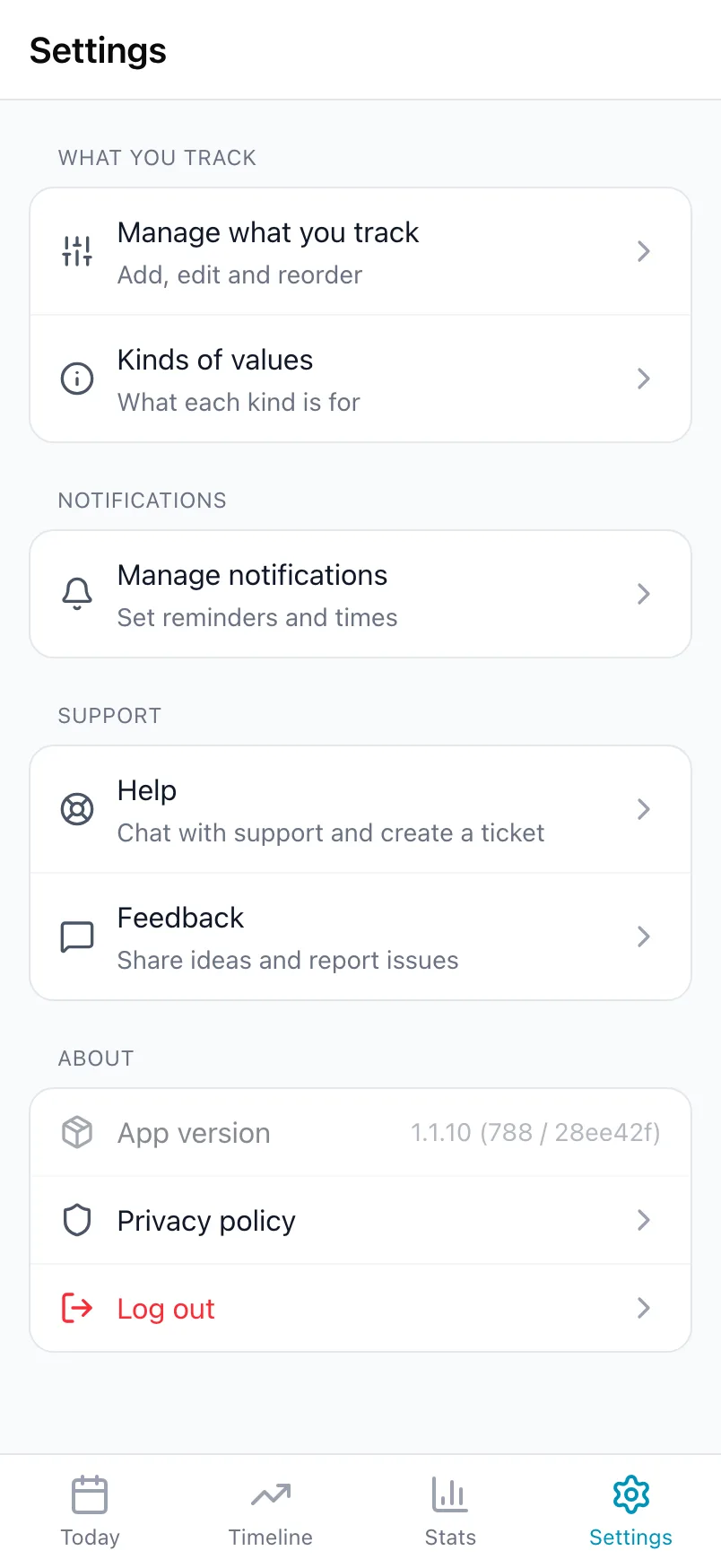 The lower part of Settings with What you track, Notifications, Support and About