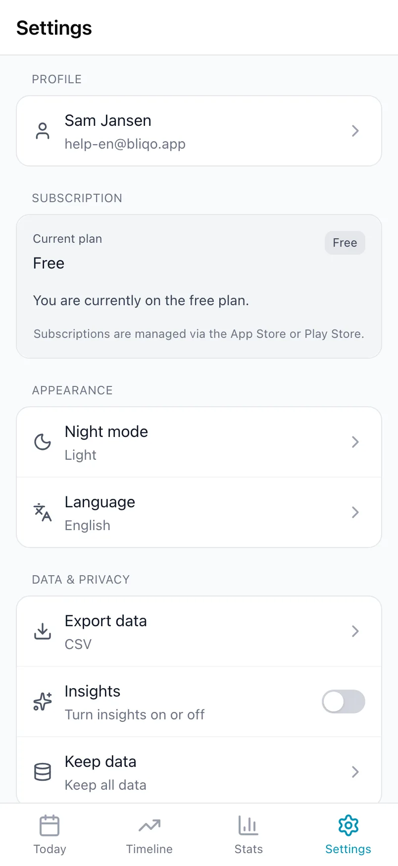 The Settings tab in Loggr with Profile, Subscription, Appearance and Data & privacy