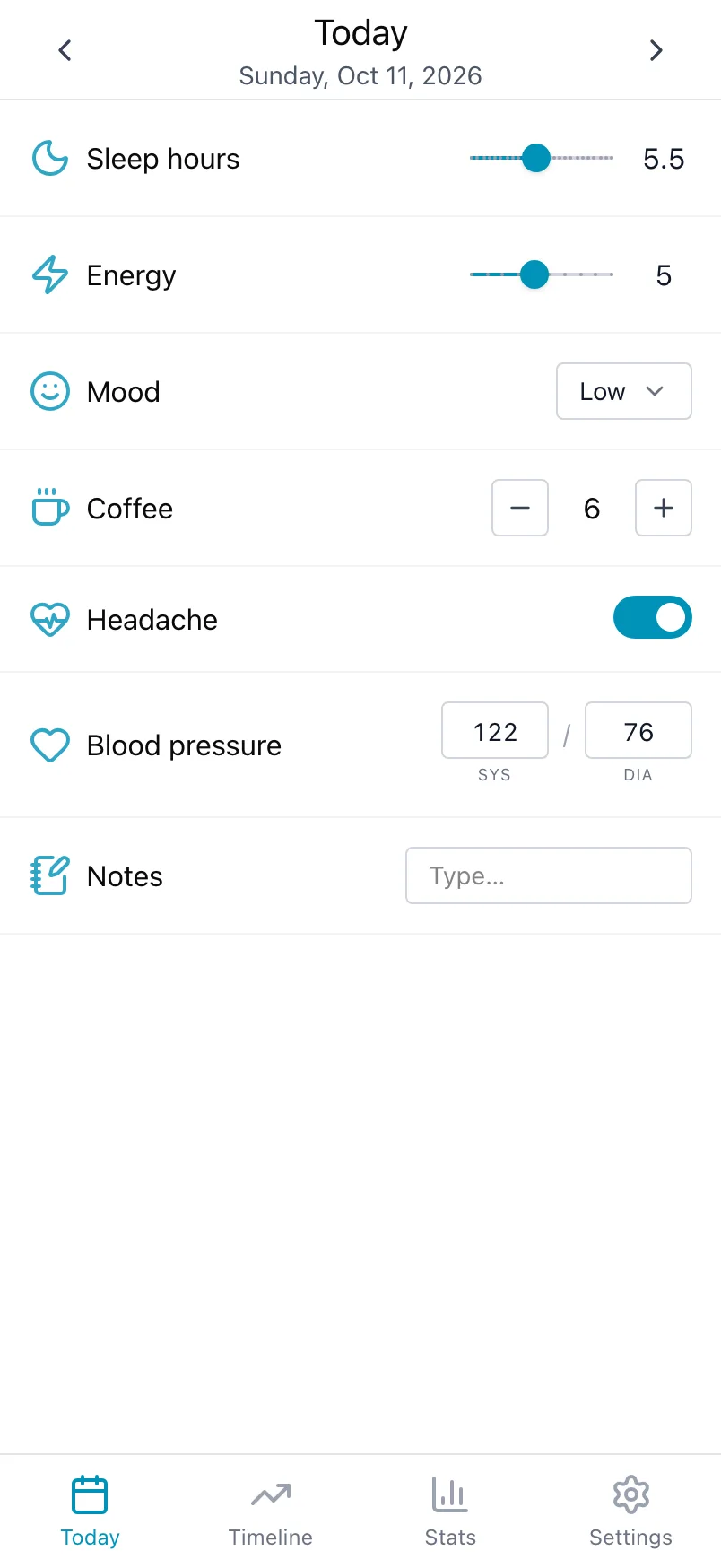 The Today screen in Loggr, with sleep hours, energy, mood, coffee, headache, blood pressure and notes