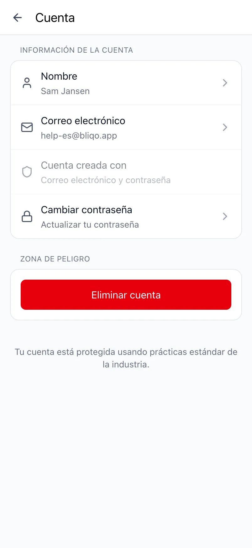 La pantalla Cuenta de Loggr con la información de la cuenta y la Zona de peligro