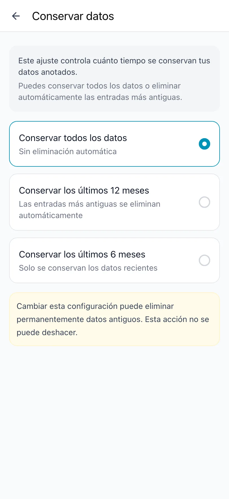 Conservar datos, con Conservar todos los datos, Conservar los últimos 12 meses y Conservar los últimos 6 meses