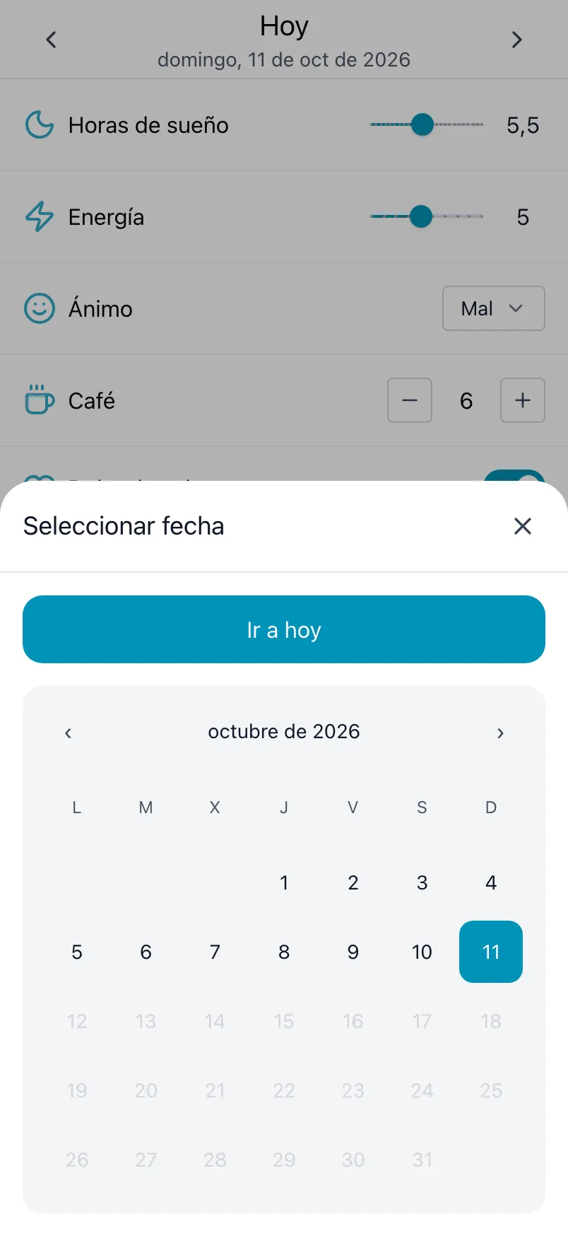 Seleccionar fecha, con un calendario del mes e Ir a hoy