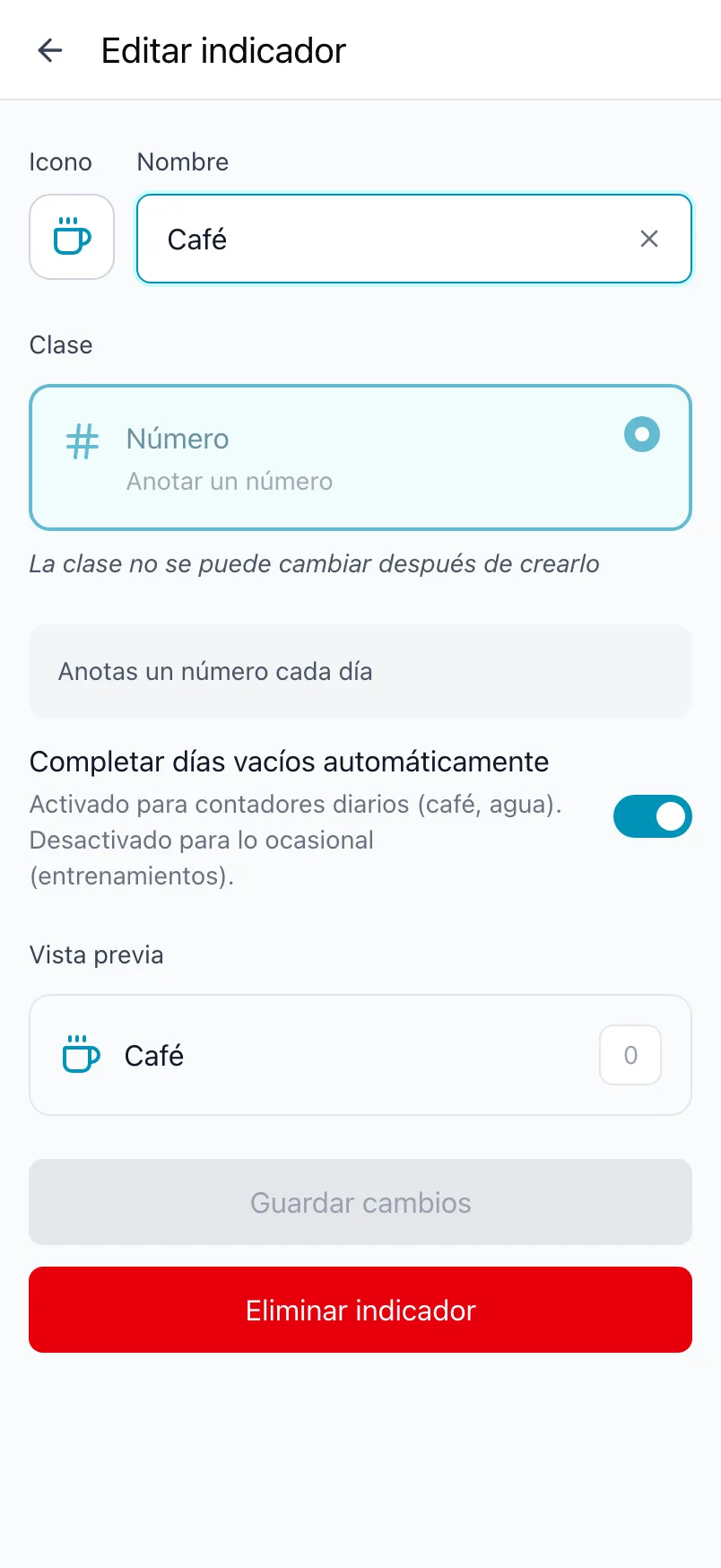 Editar indicador para Café, con la clase bloqueada y el interruptor Completar días vacíos automáticamente