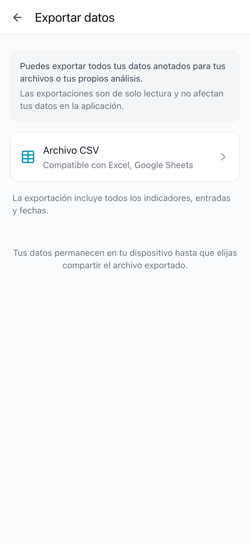 Exportar datos en Loggr con la opción Archivo CSV