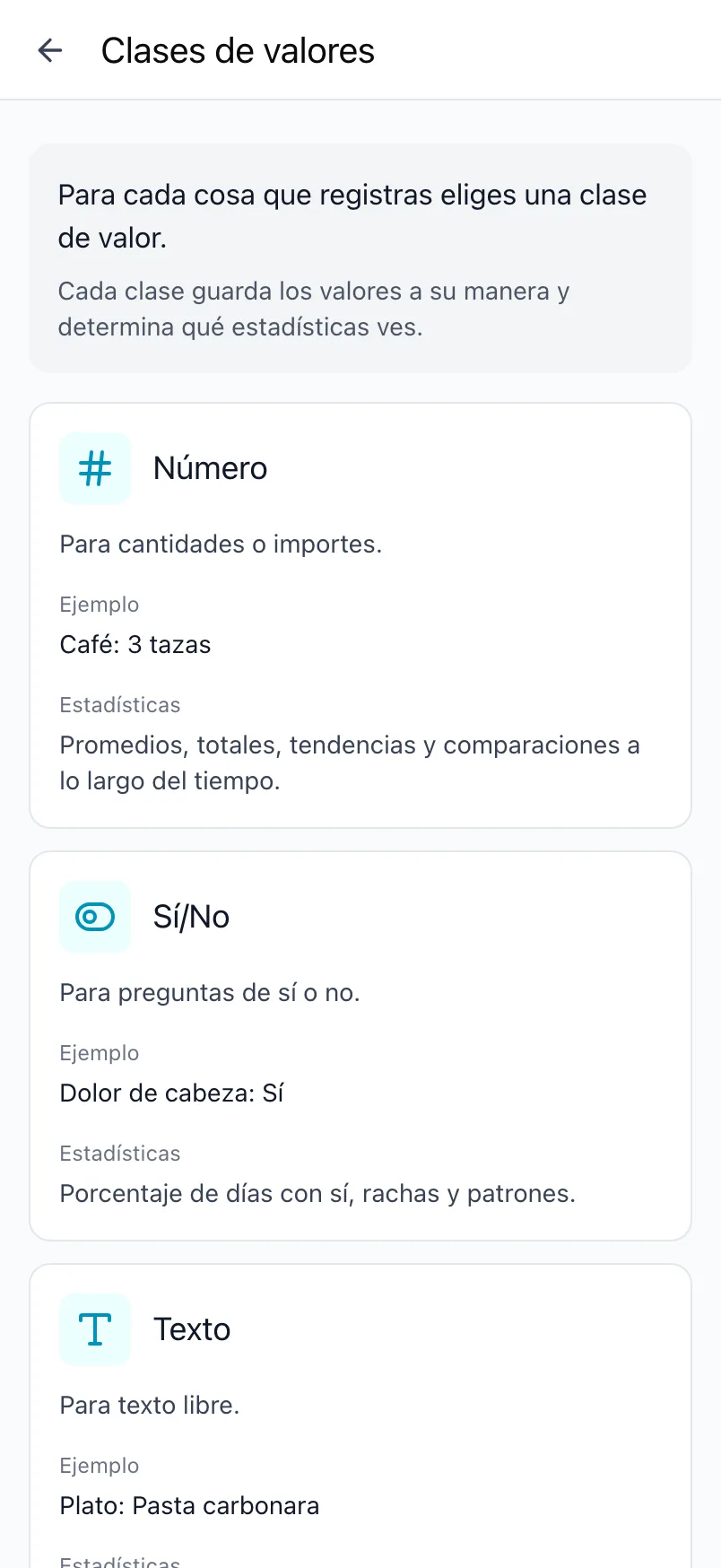 La pantalla Clases de valores de Loggr, con la explicación de cada clase