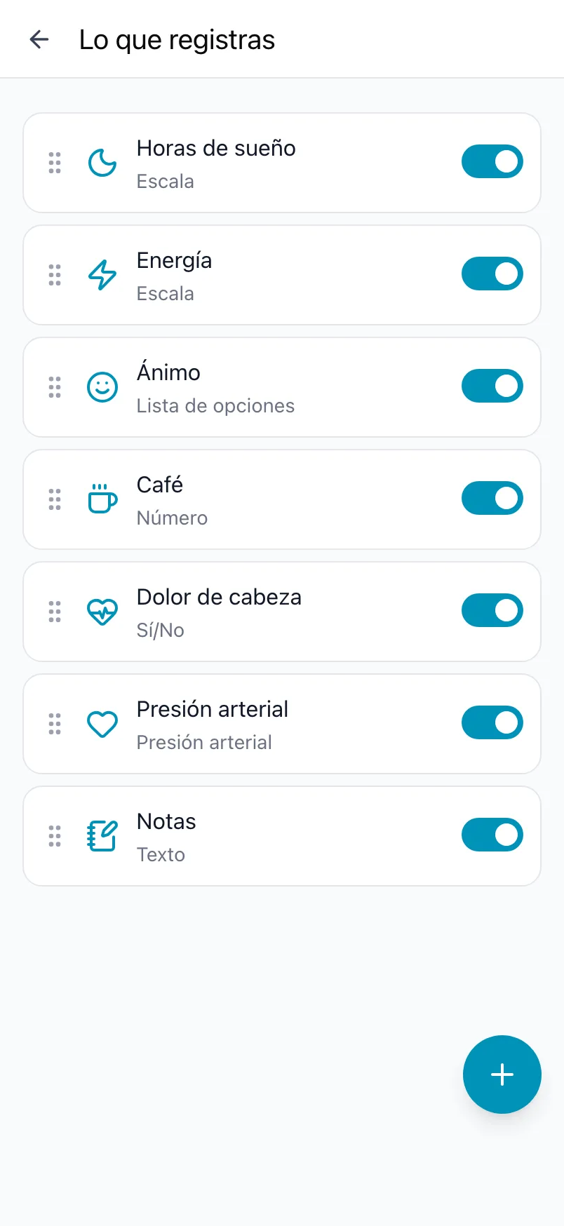 Lo que registras en Loggr, con siete indicadores, sus interruptores y el botón +