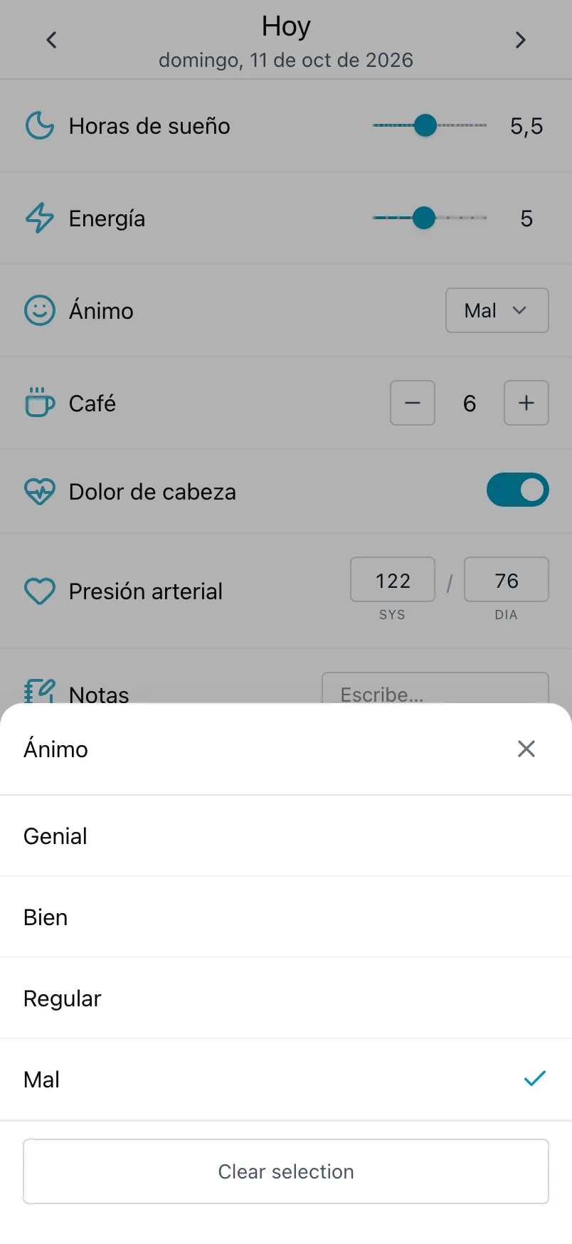 La lista de estados de ánimo abierta desde Ánimo, con la opción de hoy marcada