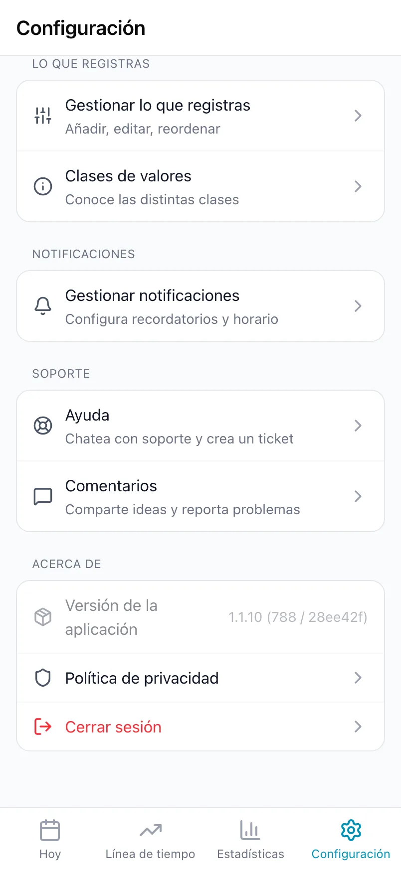 La parte inferior de Configuración con Lo que registras, Notificaciones, Soporte y Acerca de