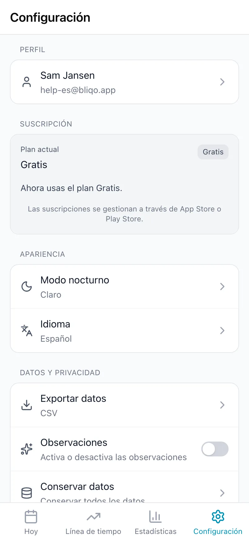 Configuración de Loggr con la tarjeta Suscripción mostrando el plan actual
