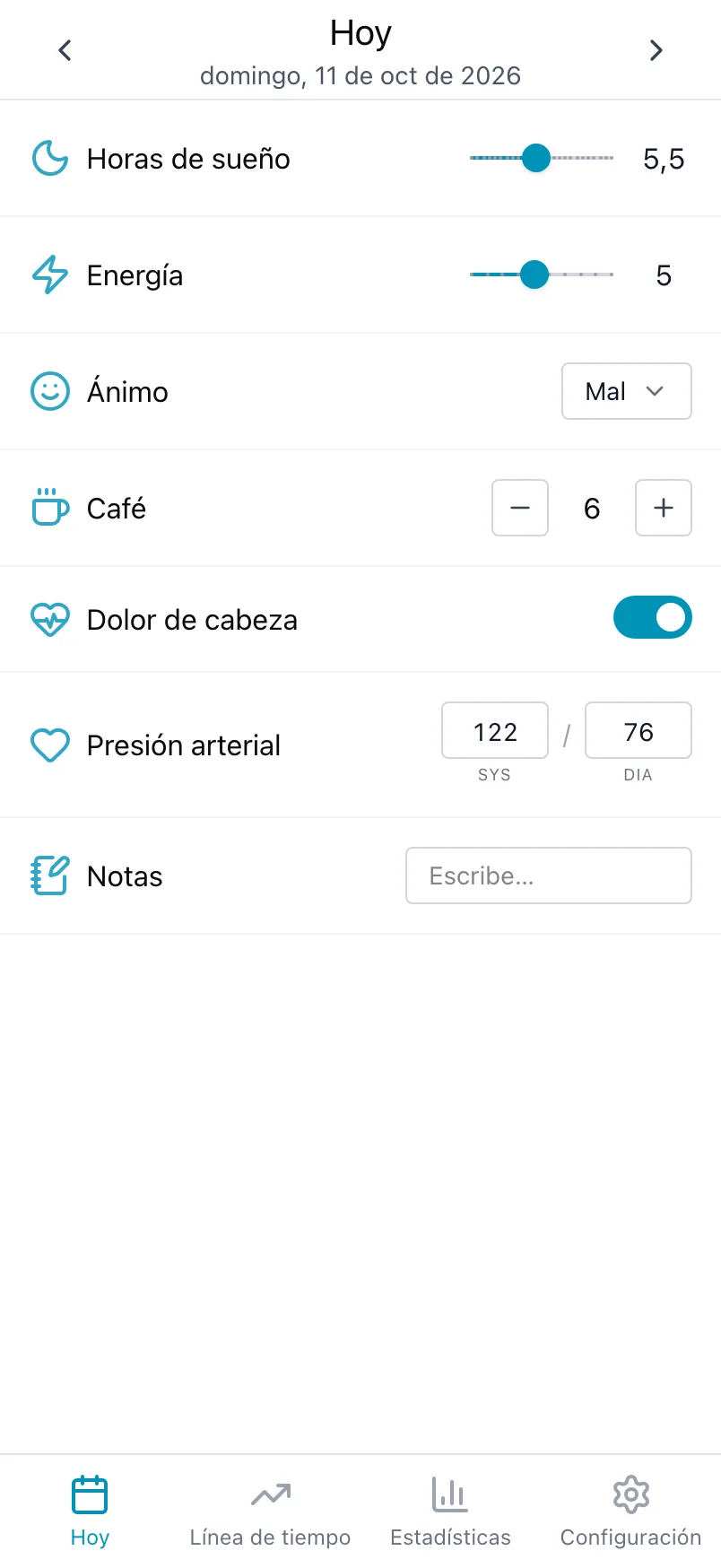 La pantalla Hoy de Loggr, con horas de sueño, energía, ánimo, café, dolor de cabeza, presión arterial y notas