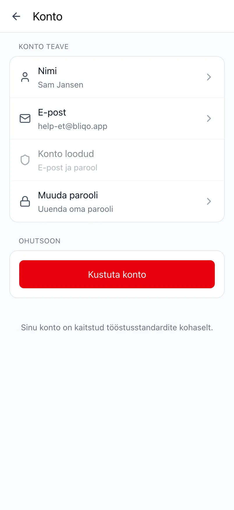 Loggri konto ekraan konto teabe ja Ohutsooniga