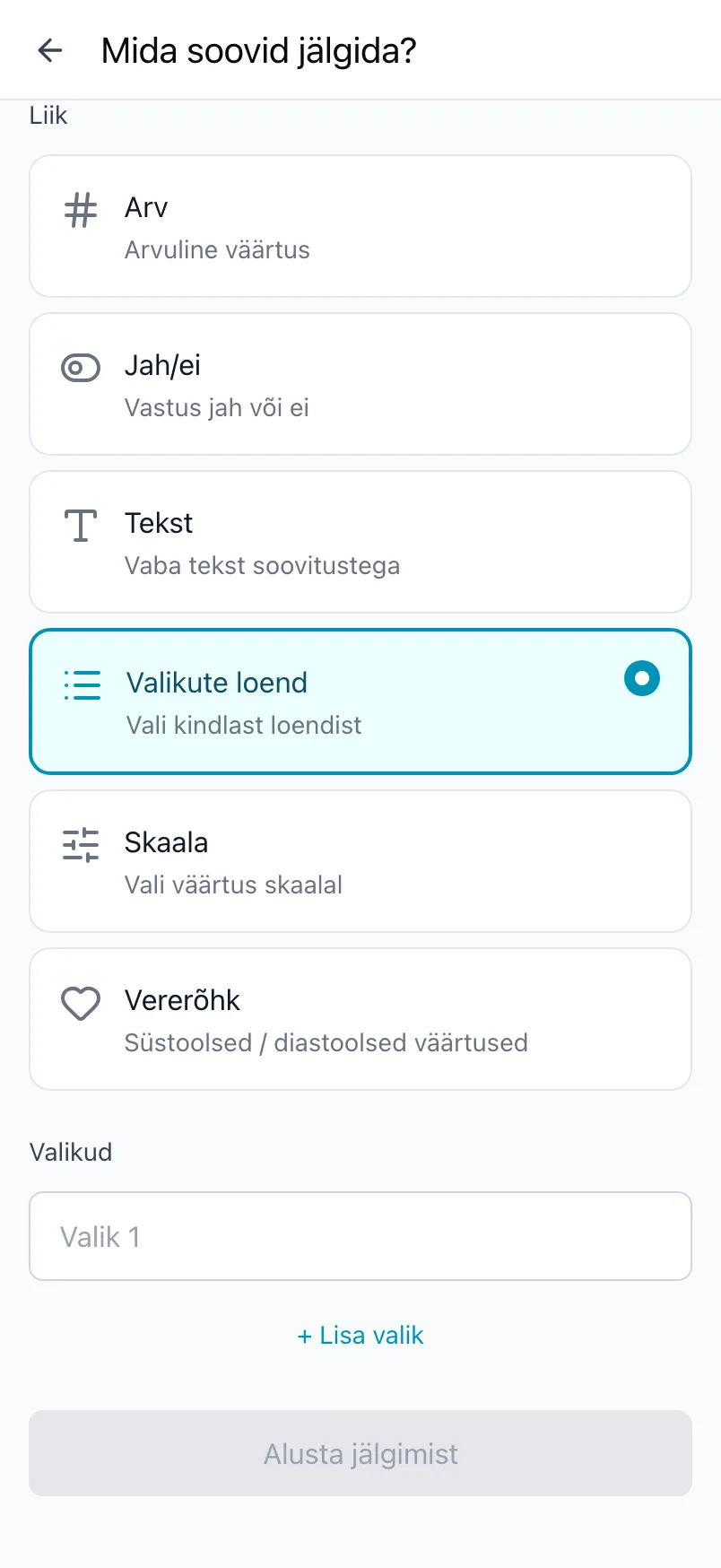 Mida soovid jälgida? valitud liigiga Valikute loend ja valikute loendiga