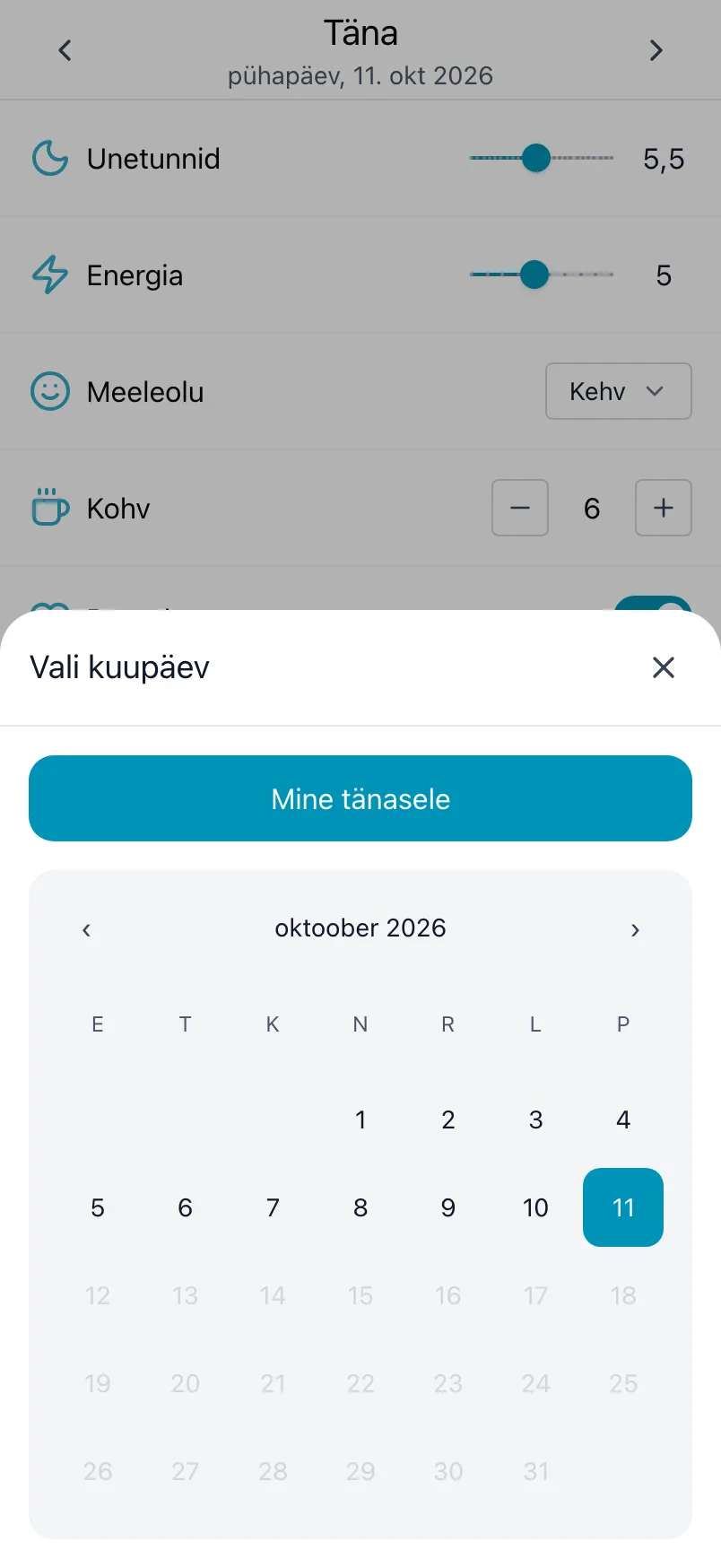 Vali kuupäev, kuu kalendri ja nupuga Mine tänasele