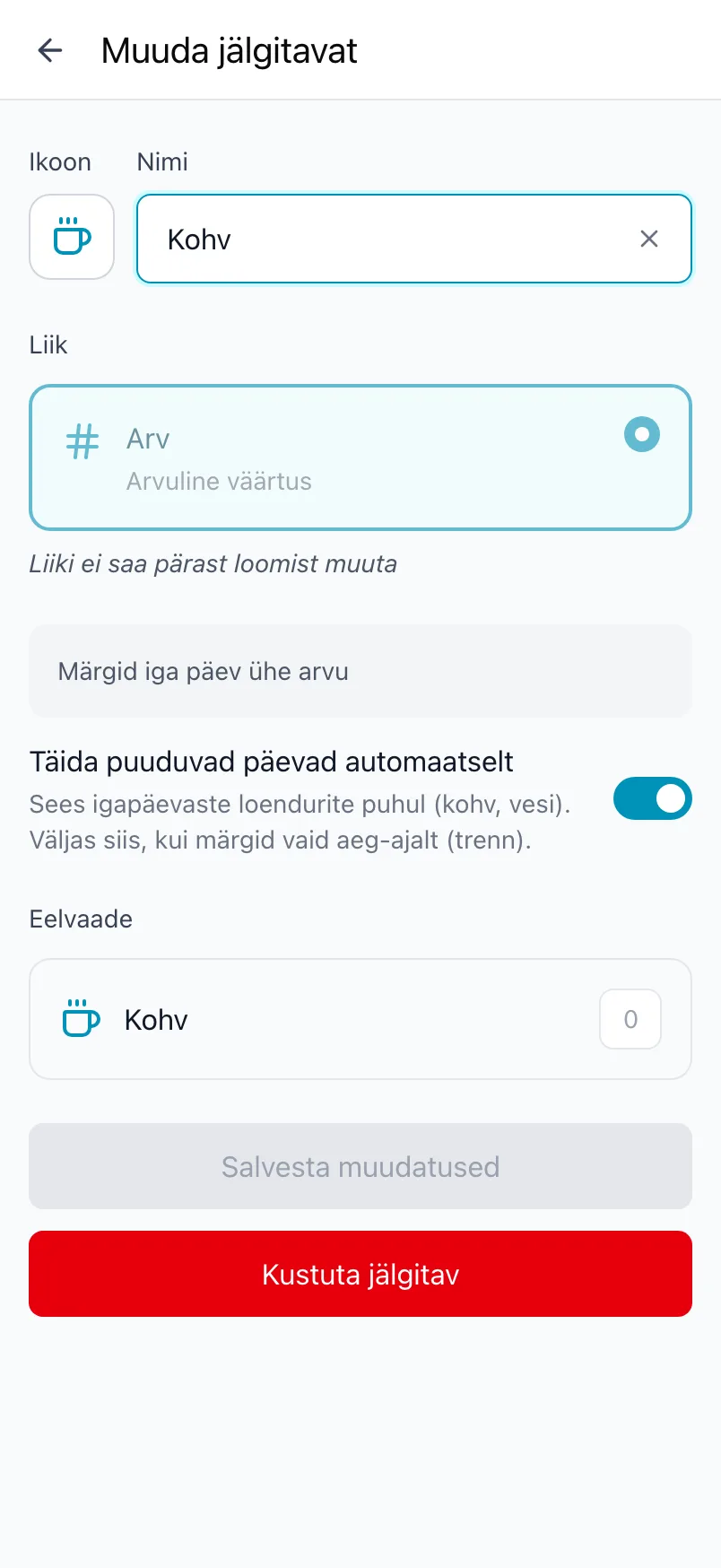 Kohvi muutmine, lukustatud liigi ja lülitiga Täida puuduvad päevad automaatselt