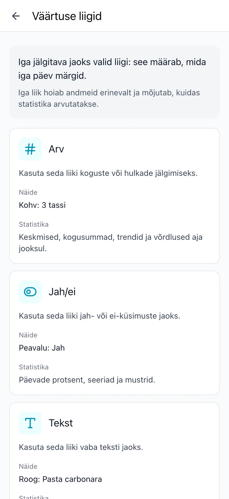 Loggri ekraan Väärtuse liigid, kus iga liiki selgitatakse