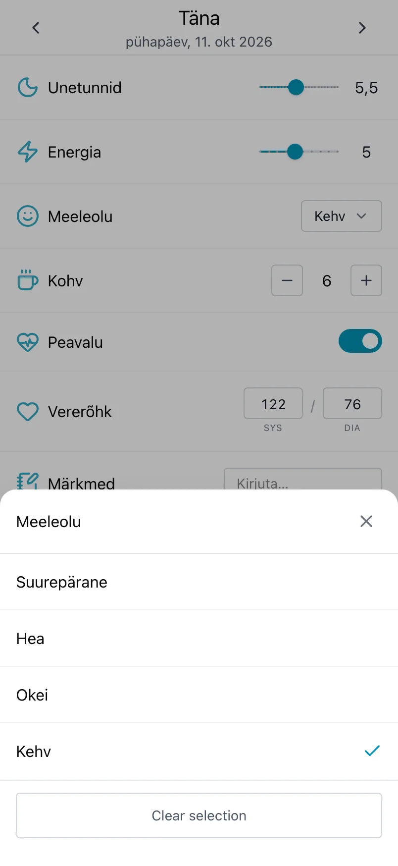 Meeleolu loend, kus tänane valik on märgitud