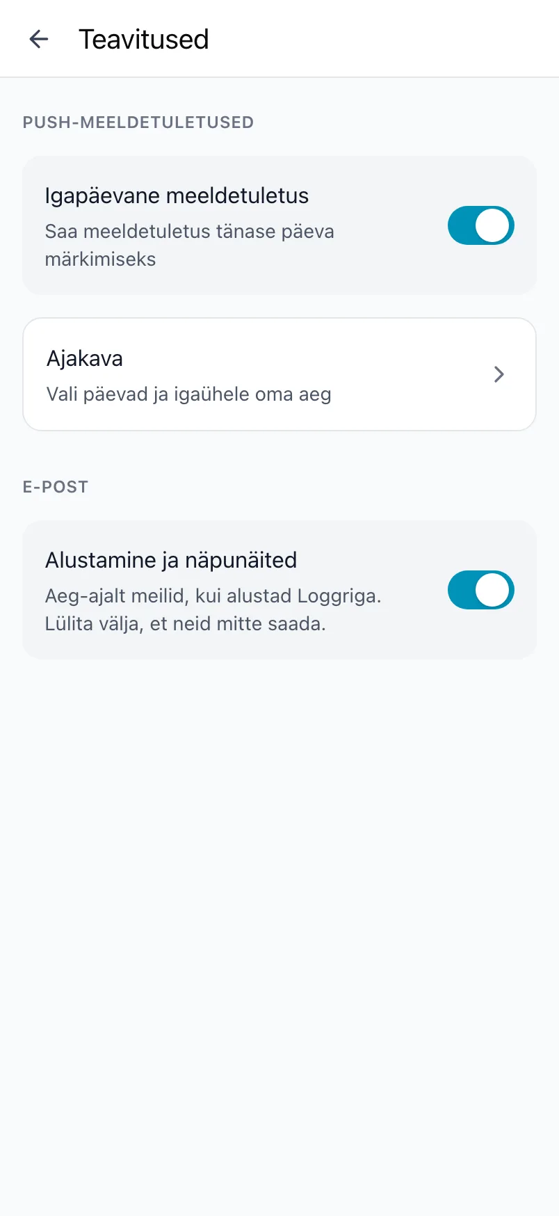 Loggri ekraan Teavitused igapäevase meeldetuletuse, ajakava ja e-posti sättega