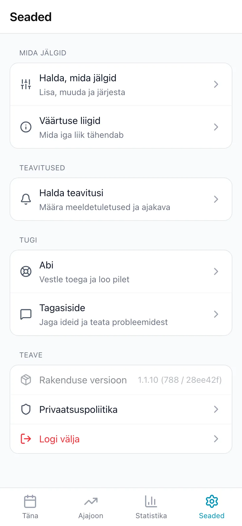 Seadete alumine osa jaotistega Mida jälgid, Teavitused, Tugi ja Teave