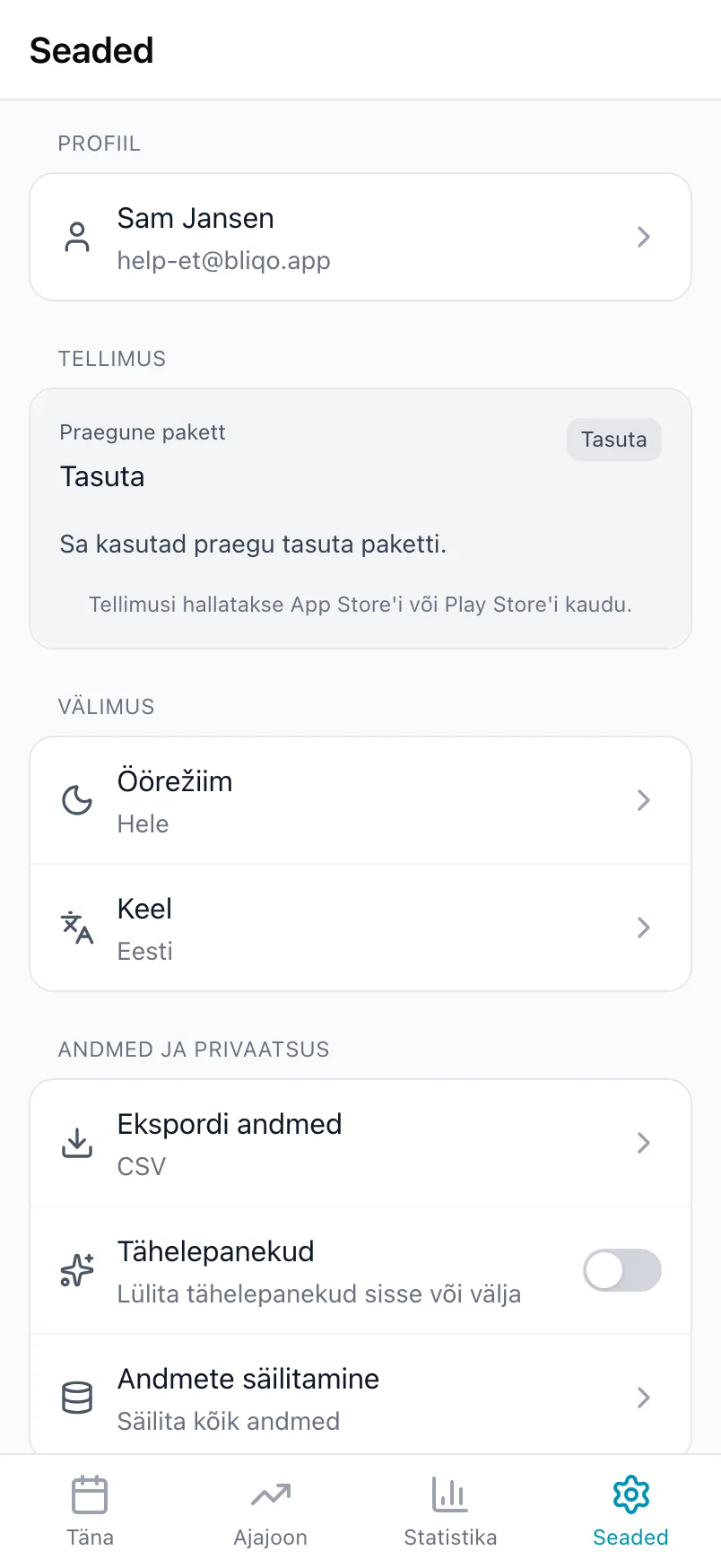 Loggri seaded kaardiga Tellimus, mis näitab praegust paketti