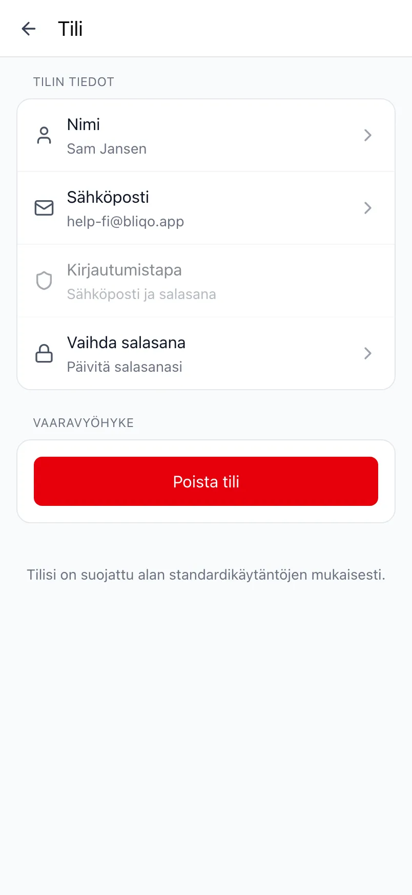 Loggrin Tili-näkymä, jossa on tilin tiedot ja Vaaravyöhyke