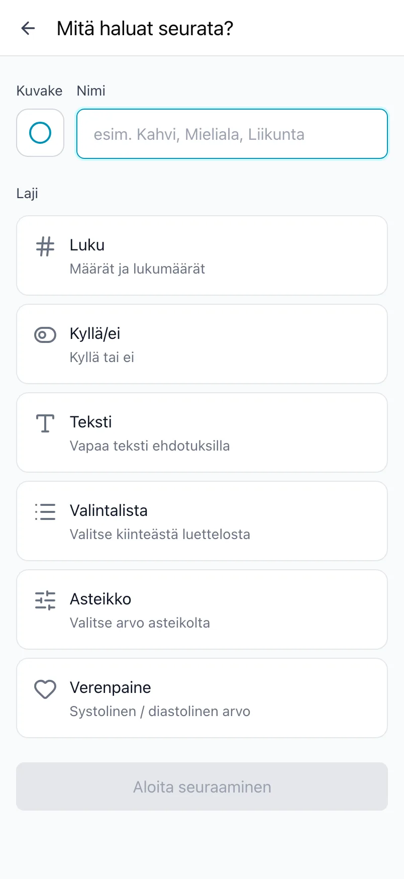 Mitä haluat seurata? -näkymä, jossa on kuvake, nimi ja kuusi arvon lajia