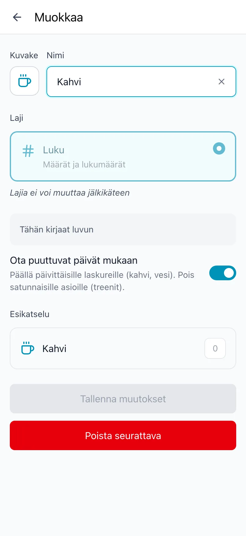 Kahvin muokkaus, jossa laji on lukittu ja näkyvissä on kytkin Ota puuttuvat päivät mukaan